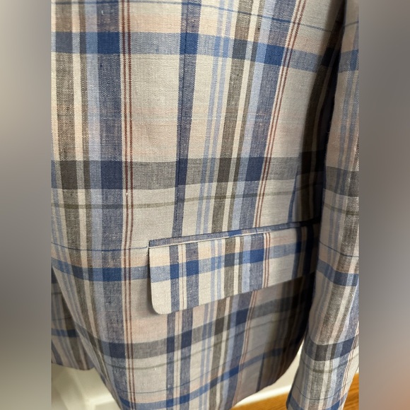 LAUREN Ralph Lauren Lassiter 100% Linen Blue, Brown and Tan Plaid Blazer, 46R - Picture 4 of 11